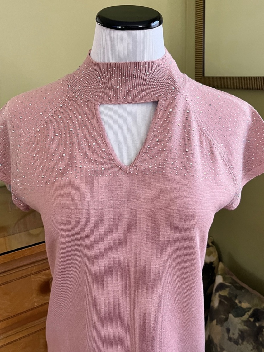 Cable & Gauge Pink Mock Neck Short Sleeve Top with Rhinestone Yoke…NWT